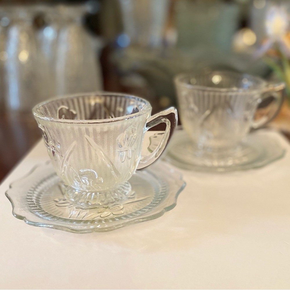 (2) Iris & Herringbone Depression Glass Clear Cups and Saucers